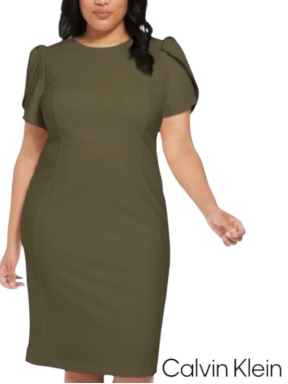 22W CALVIN KLEIN Tulip-Sleeve Crepe Knee Length Sheath Dress w. Exposed Back Zip